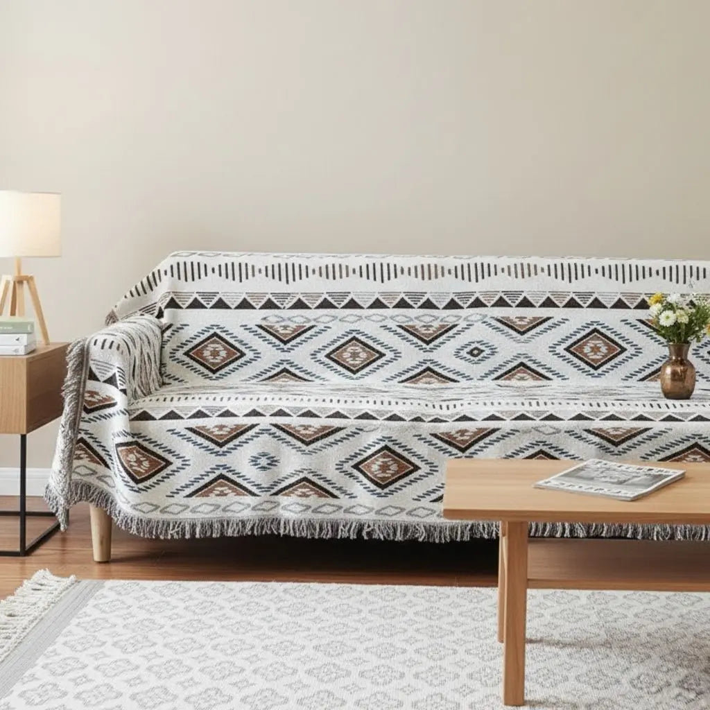 Double sided geometric sofa blanket cotton polyester blend reversible throw with fringe trim