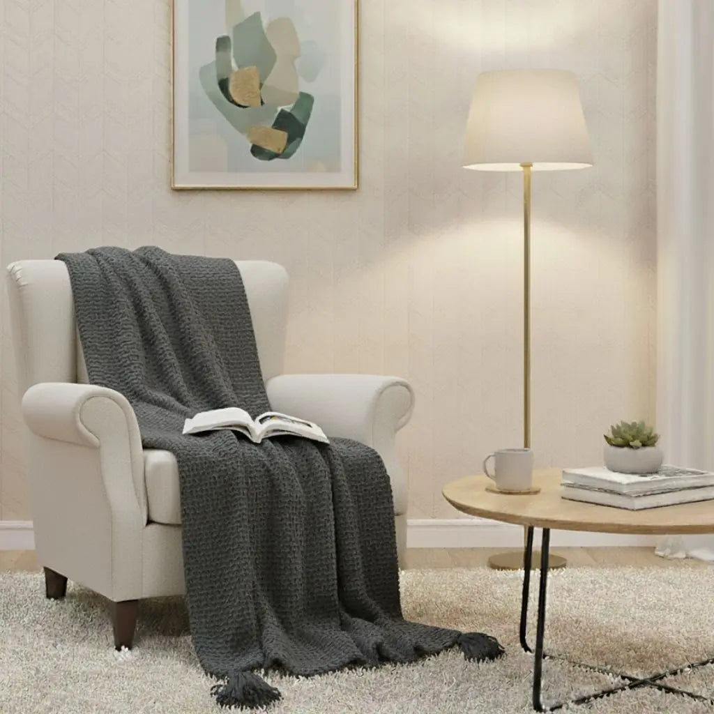 Soft throw blanket with tassels draped over modern sofa