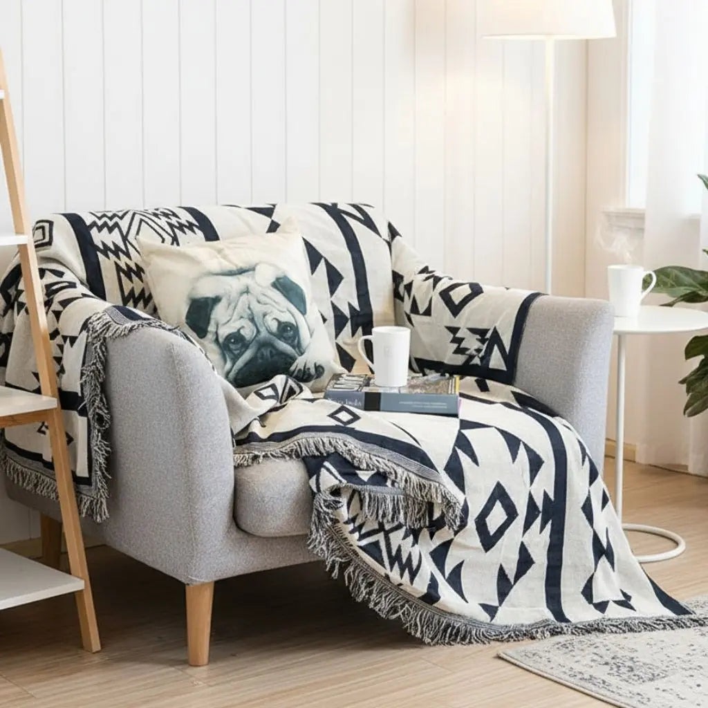 Geometric cotton throw blanket with detailed weave texture displayed on neutral background