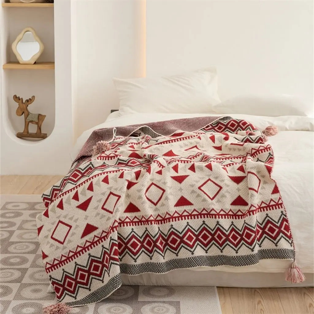 Chenille geometric boho throw blanket acrylic material with decorative tassel details