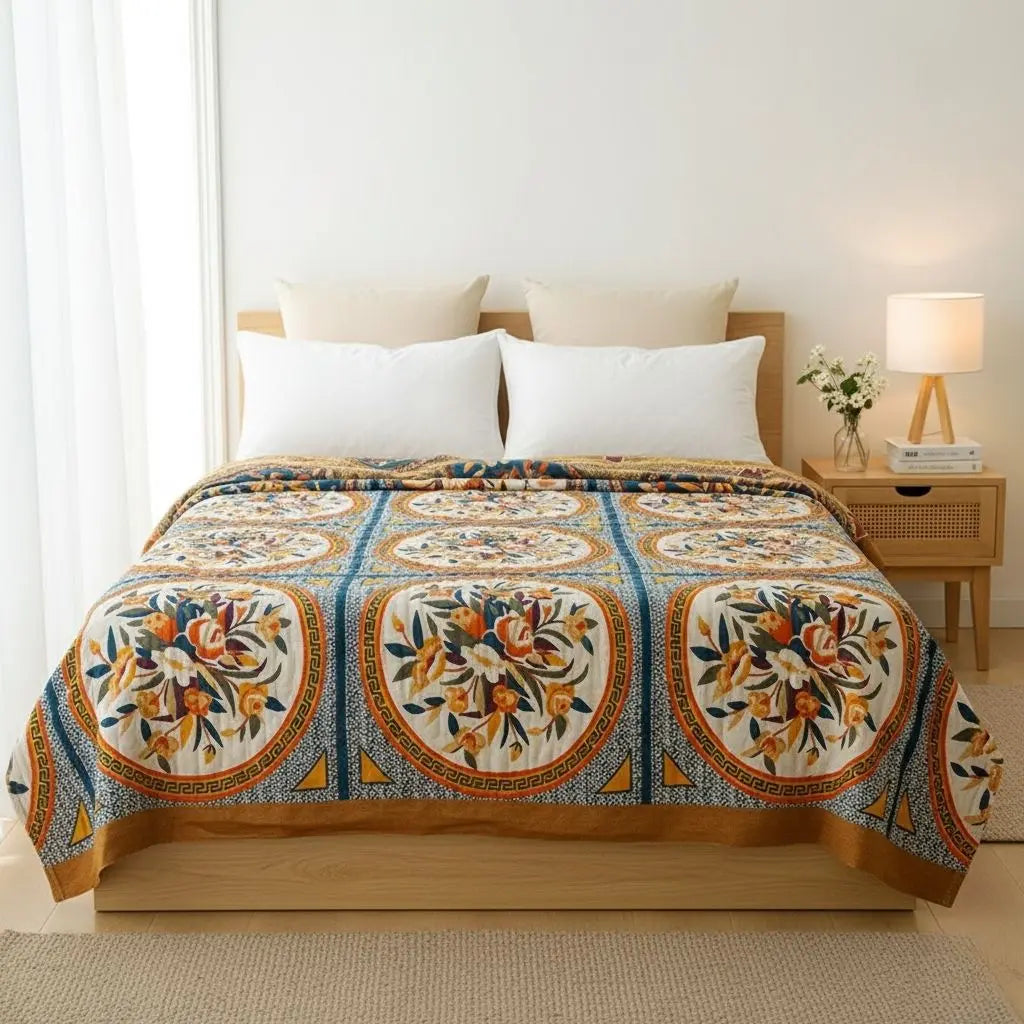 Printed cotton throw blanket featuring gauze weave construction and artistic floral design