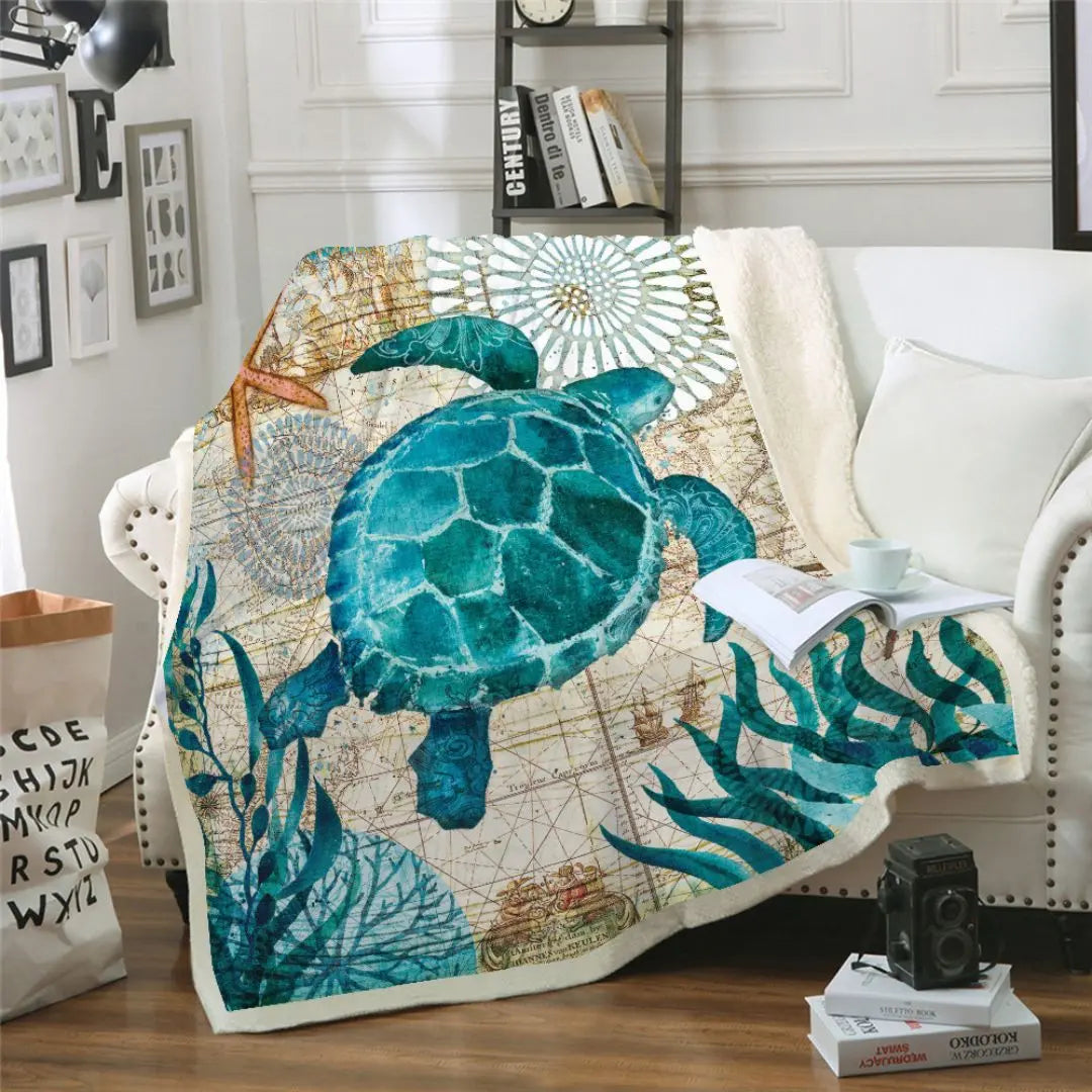 Coastal fleece blanket with vibrant ocean print for living room decor