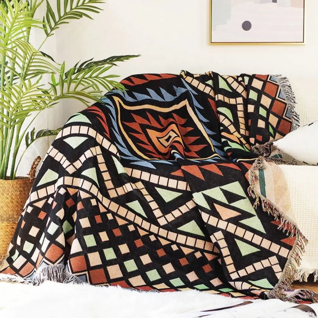 Decorative geometric outdoor blanket cotton blend indoor outdoor versatile bohemian home textile