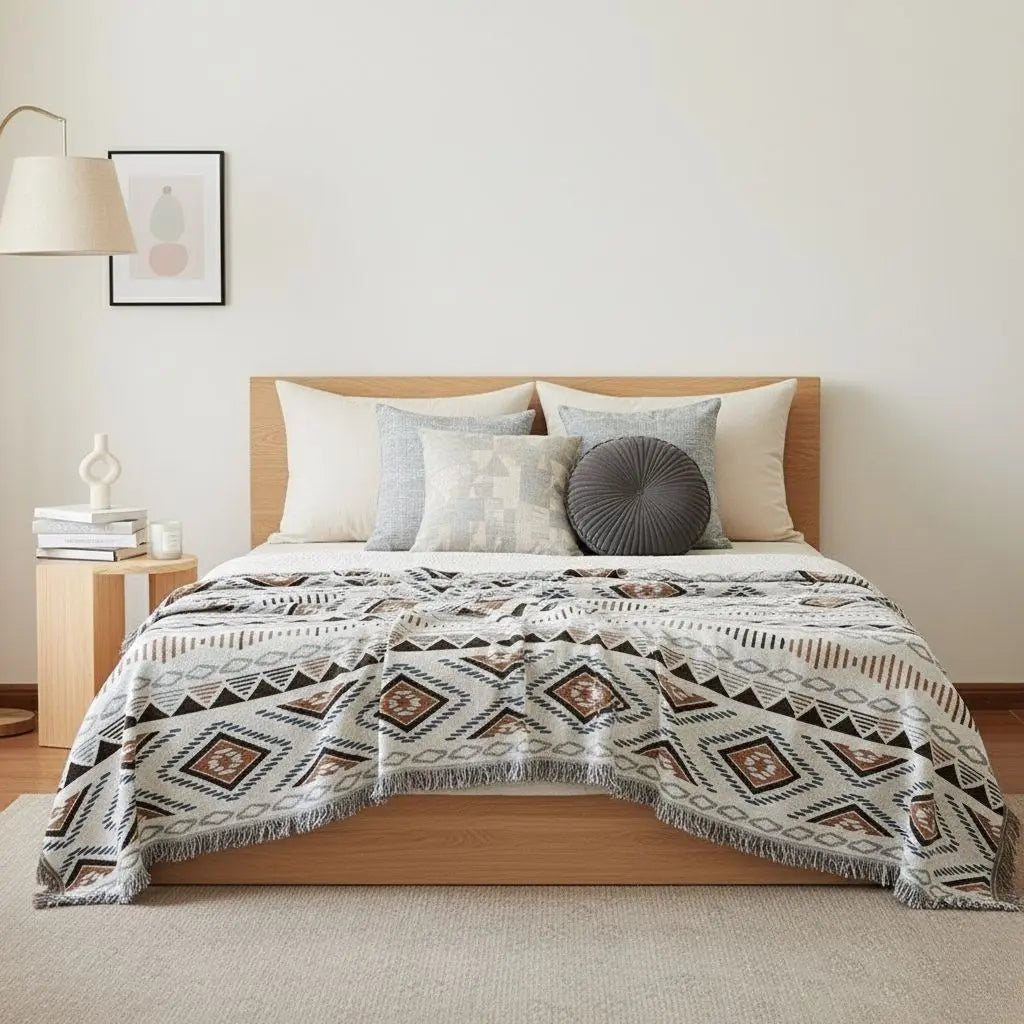 Geometric cotton sofa throw blanket with abstract pattern and fringe for furniture protection