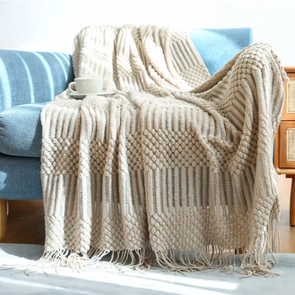 Scandi Fringe Nordic Knit Throw Sofa Blanket Inovessa