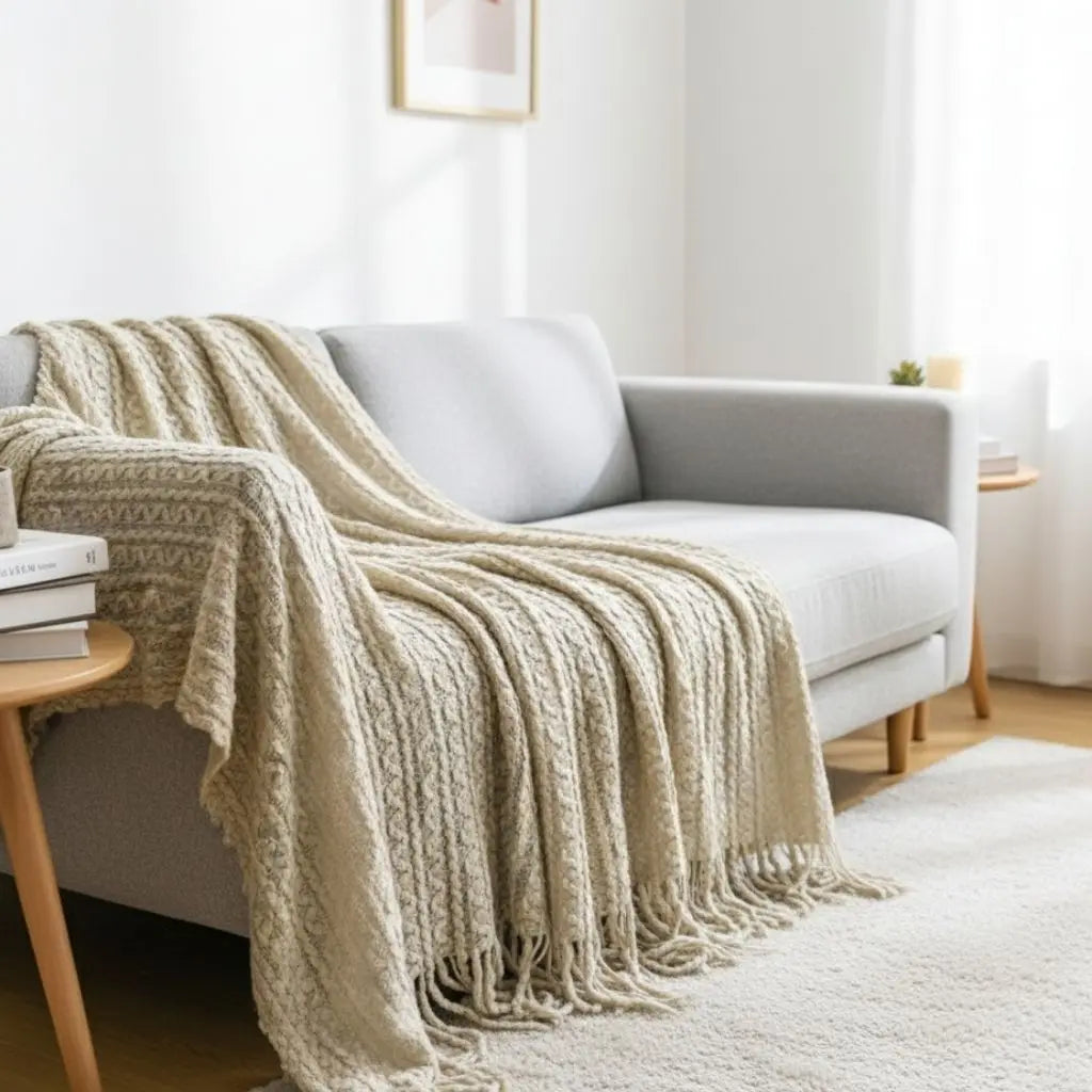 Jacquard Tassel Knit Sofa Throw Blanket Inovessa