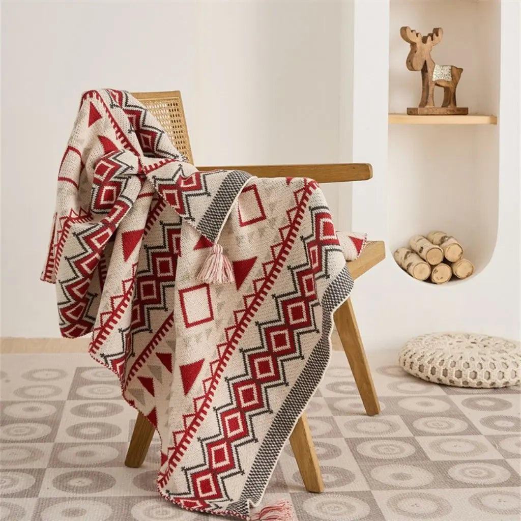 Geometric boho throw blanket with tassel edges soft chenille acrylic for home décor