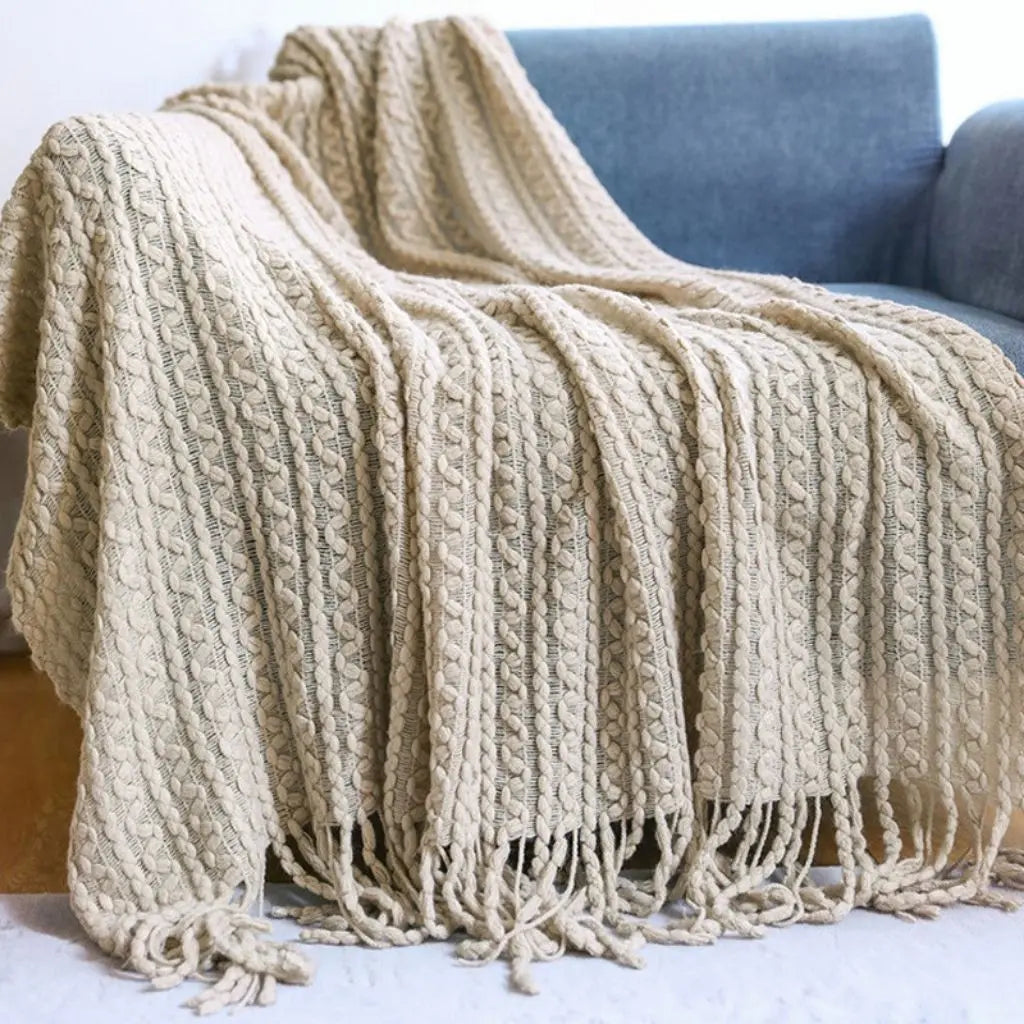 Jacquard Tassel Knit Sofa Throw Blanket Inovessa