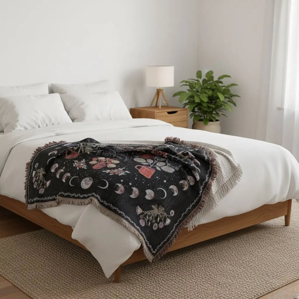 Tarot moon blanket with mystical woven design and celestial motifs for bohemian spiritual home accent