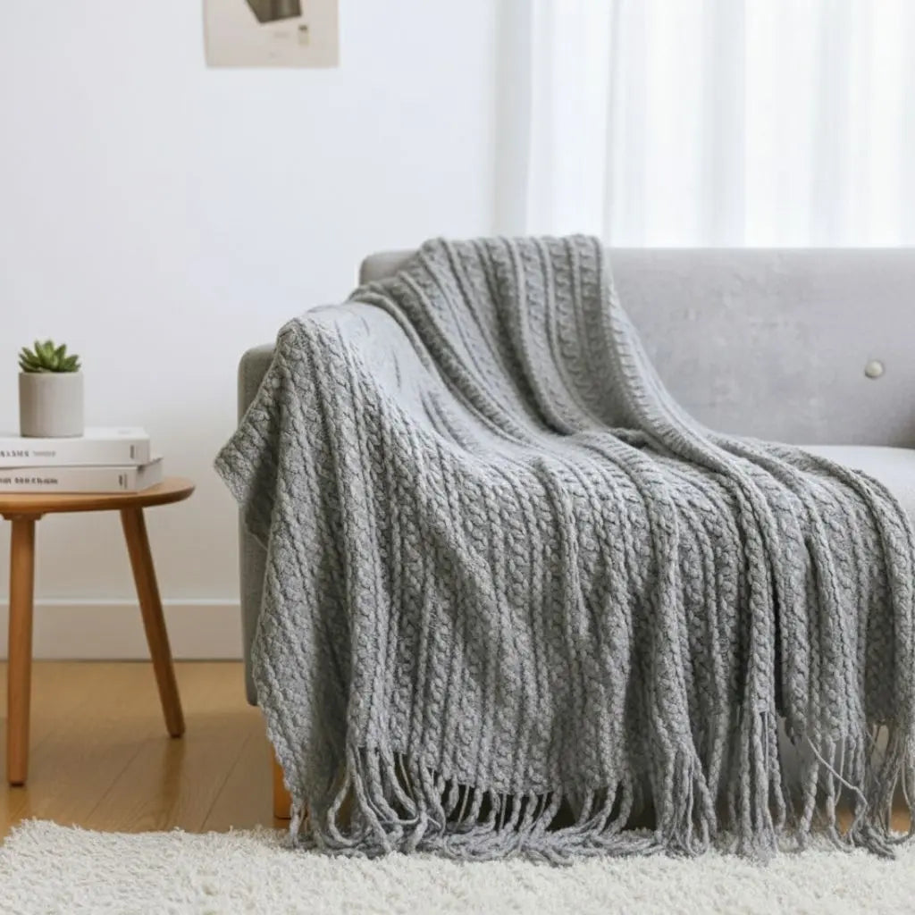 Jacquard Tassel Knit Sofa Throw Blanket Inovessa