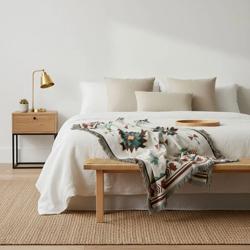 Mystical throw blanket with tarot woven moon design and celestial symbolism for bohemian home styling