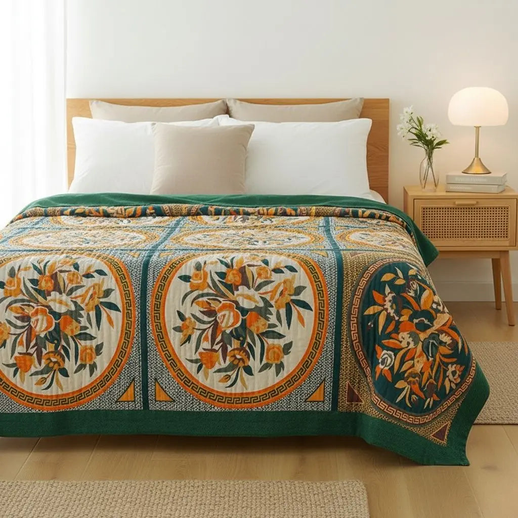 Cotton throw blanket featuring five layer gauze weave with vibrant botanical print design