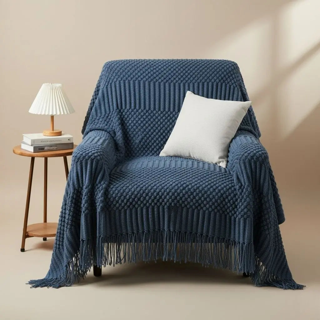 Scandi Fringe Nordic Knit Throw Sofa Blanket Inovessa