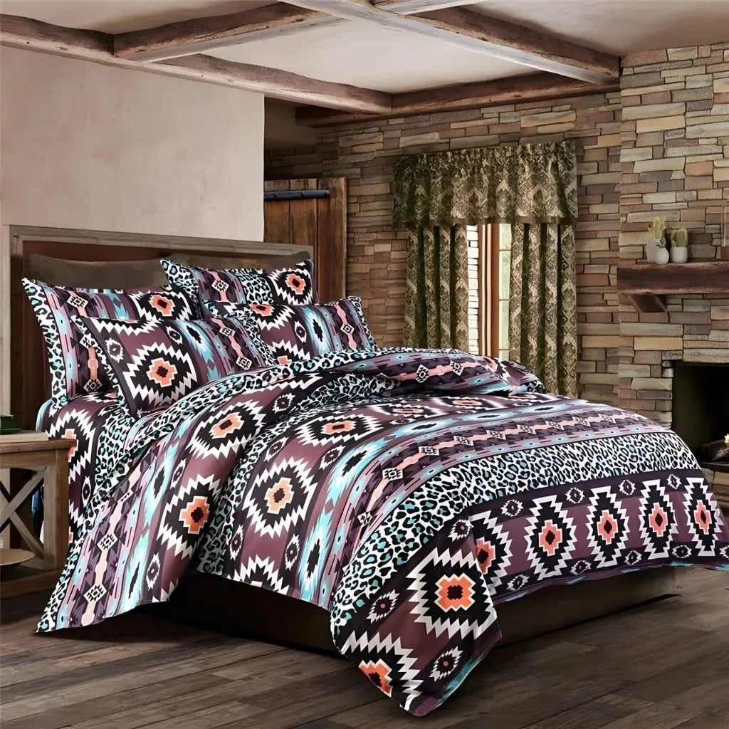 Geometric bohemian bedding set featuring bold tribal motifs and golden accents on soft polyester fabric