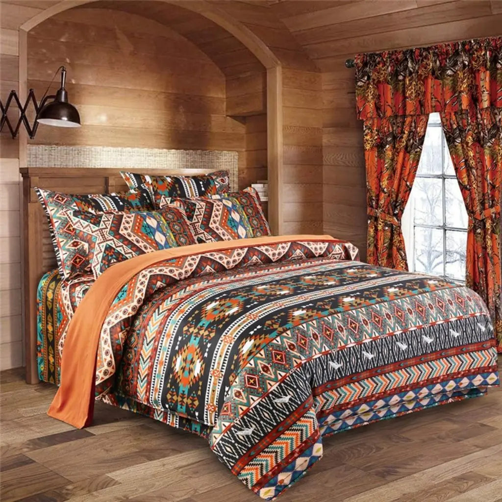 Complete bohemian duvet set with matching pillowcases featuring geometric tribal designs for home decor