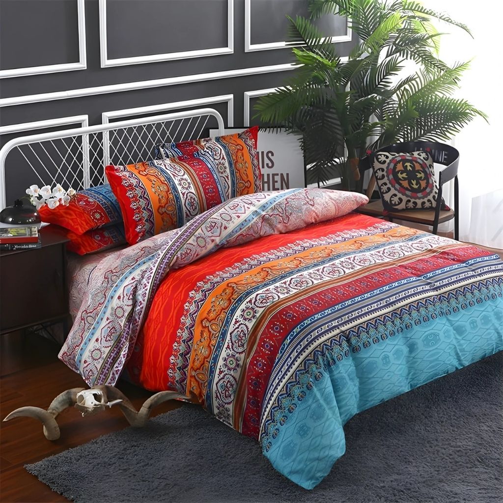 Tribal geometric duvet cover creating boho bedroom decor with vibrant red turquoise and gold patterns