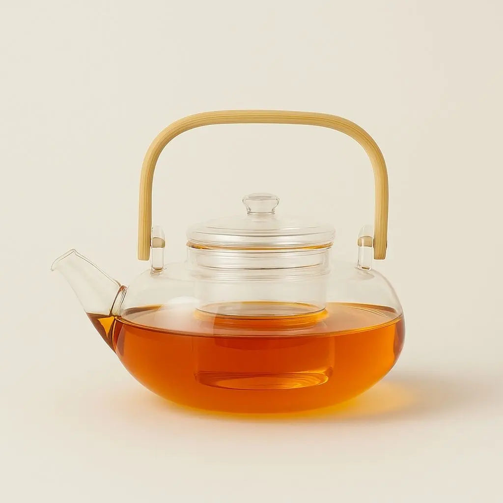 Borosilicate glass teapot with bamboo handle, heat resistant design perfect for loose leaf tea brewing