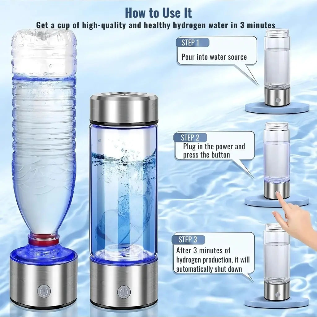 Hydrogen water bottle generator featuring borosilicate glass construction and antioxidant water technology