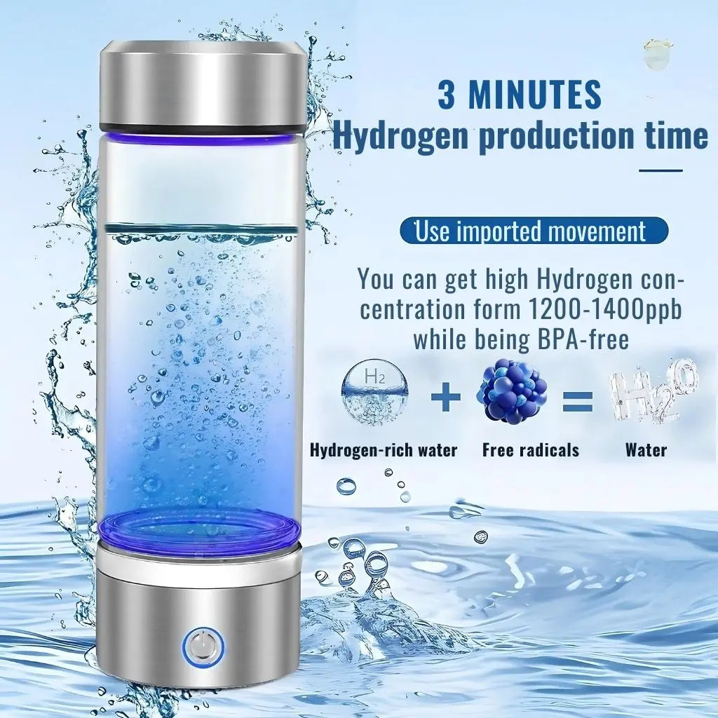 Stainless steel base hydrogen generator with borosilicate glass bottle for durable wellness hydration
