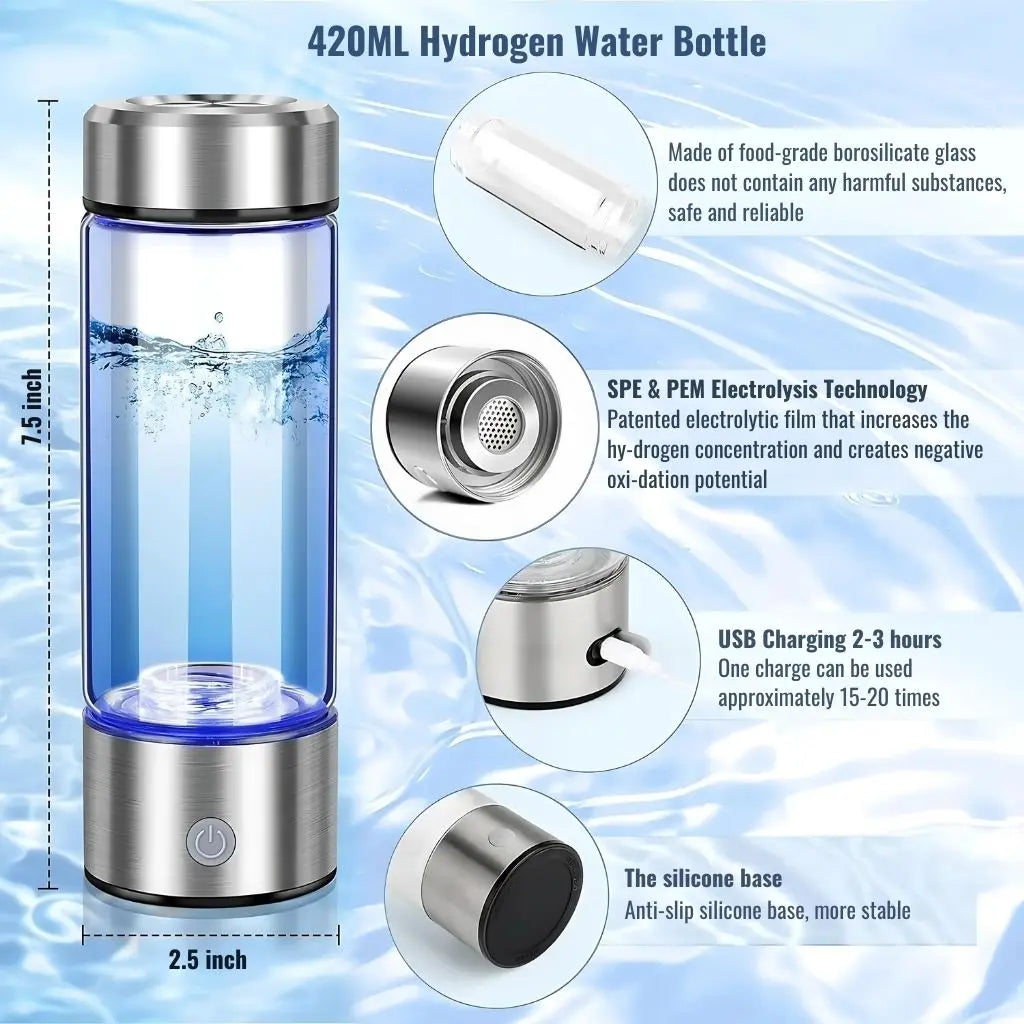 Complete hydrogen water bottle generator set with borosilicate glass and rechargeable base for wellness