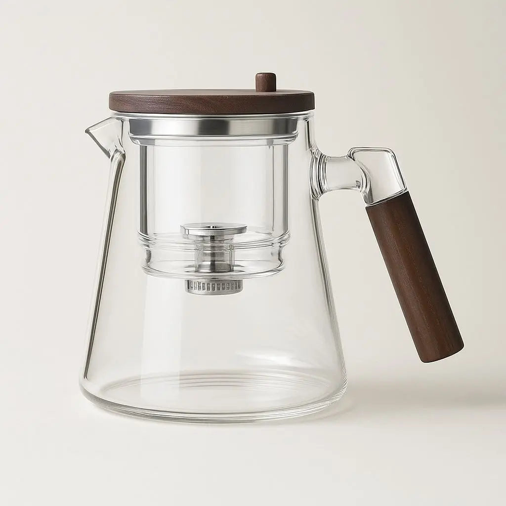 Clear glass coffee pot with wooden lid and handle on a light background