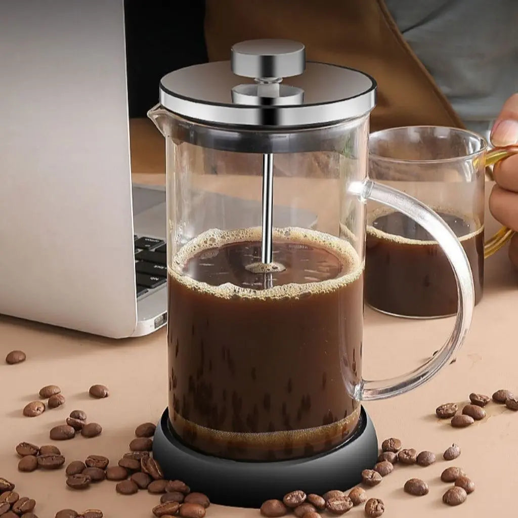 Modern glass french press with clean design fitting seamlessly into contemporary kitchen setup