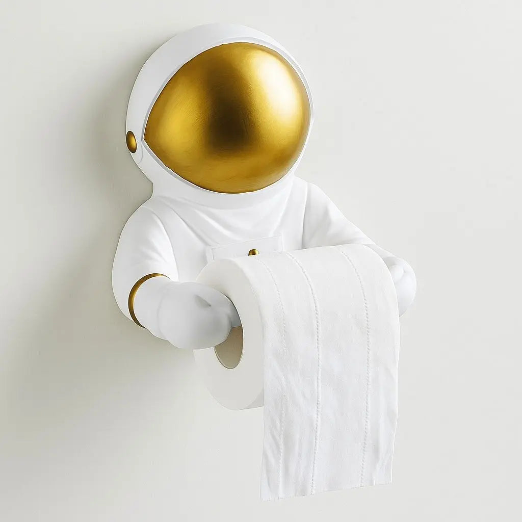 Decorative toilet paper holder shaped like an astronaut with a gold helmet on a white background