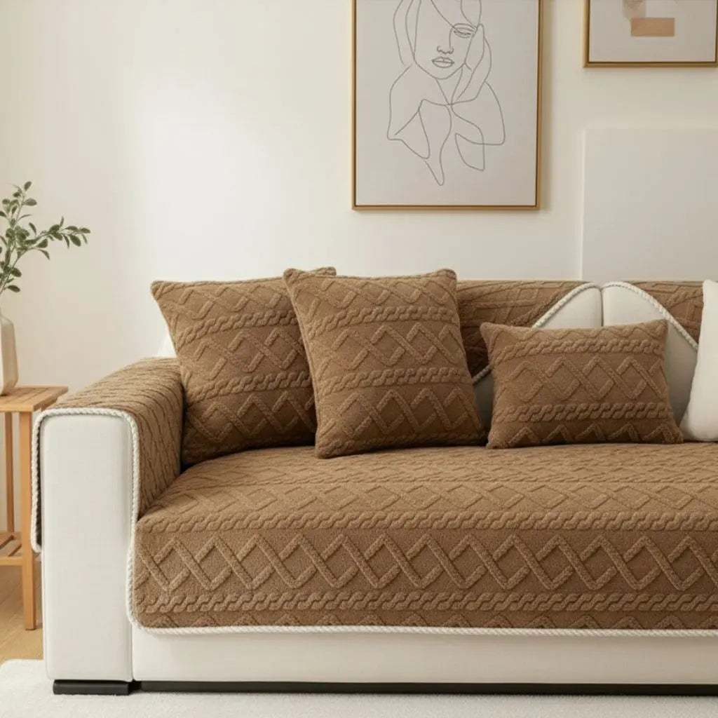 Plush geometric couch protector offering soft comfort for modern interior styling