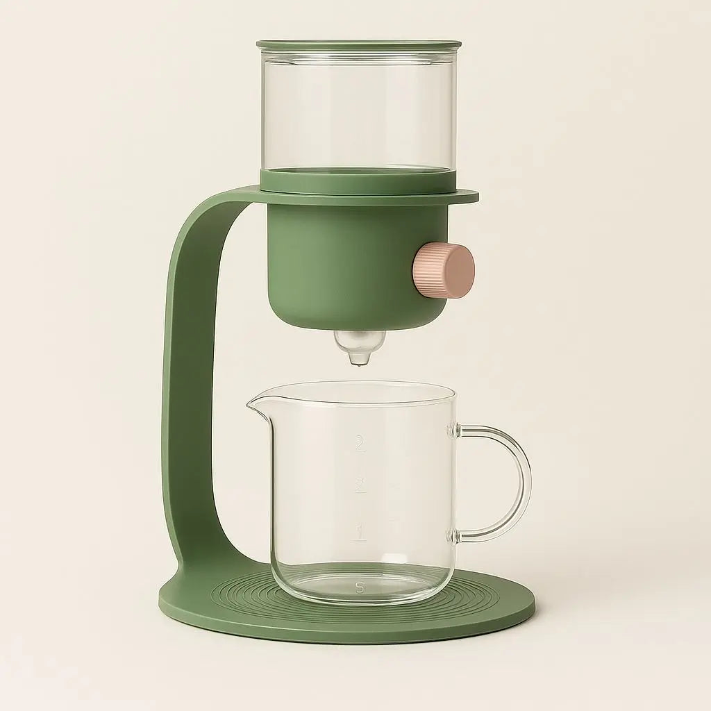 Green tea maker with clear glass carafe on a beige background