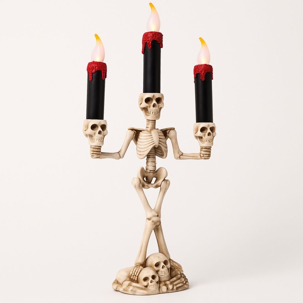 Metallic finish skeleton candle holder with LED lighting, ideal for Halloween party centerpieces