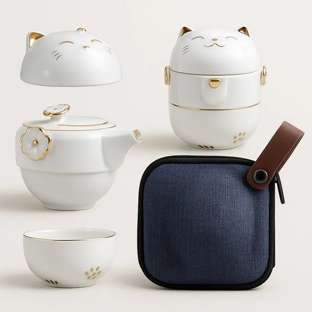 Ceramic travel tea set with fortune cat design featuring portable teapot and cups for gongfu brewing