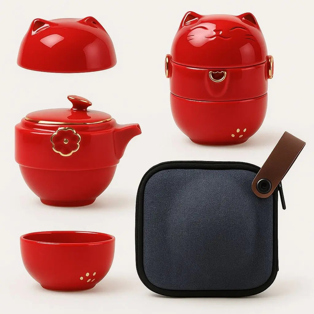 Portable ceramic tea set components including teapot cups and travel storage case with fortune cat motif