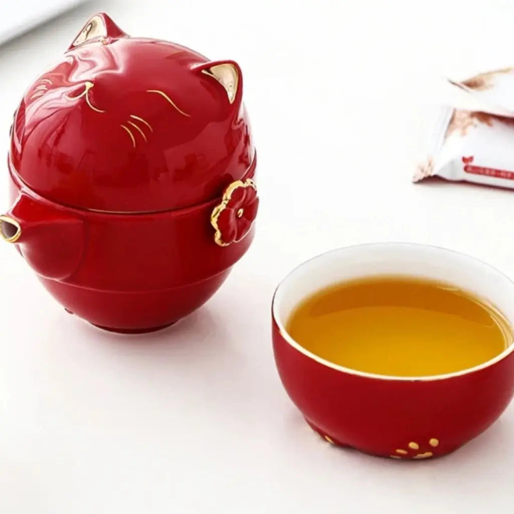 Premium ceramic travel tea set with fortune cat design ideal for compact tea ceremony experiences