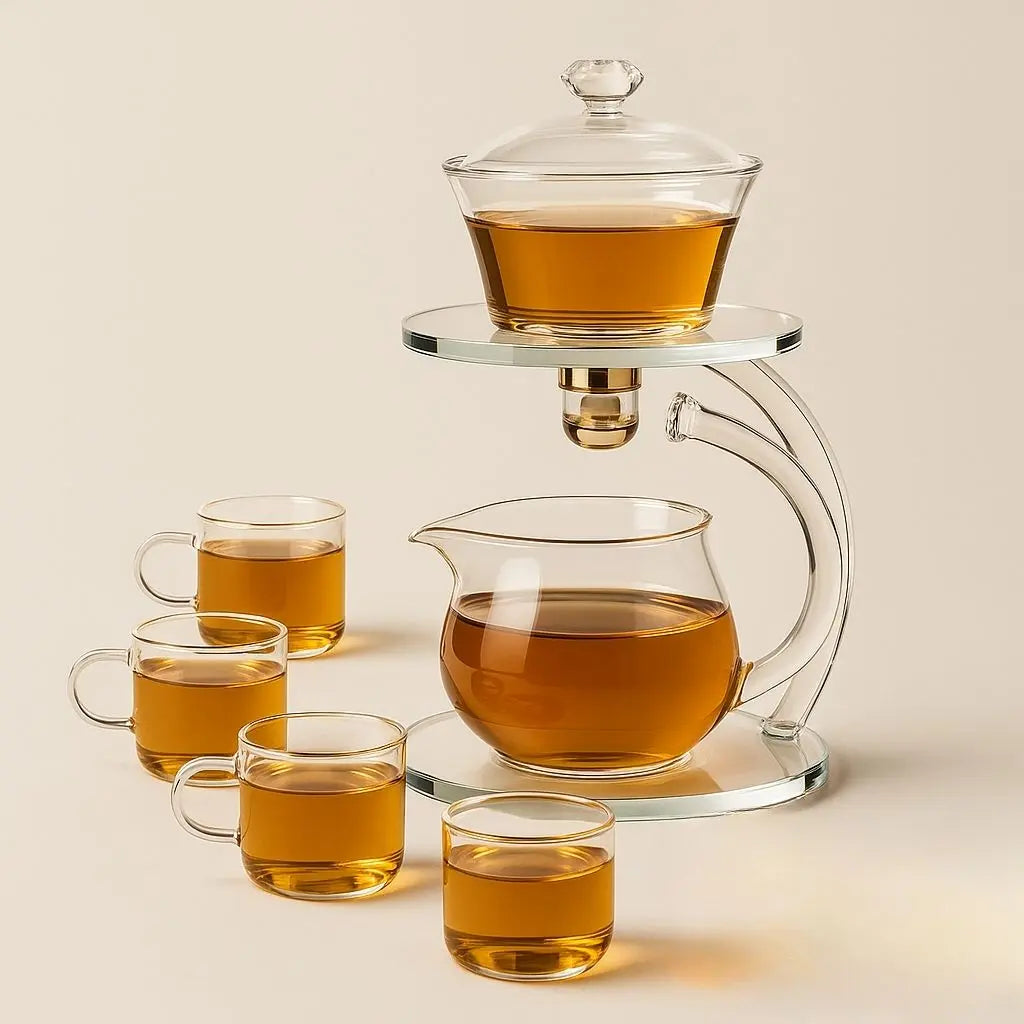 Clear glass tea set with teapot and cups on a beige background