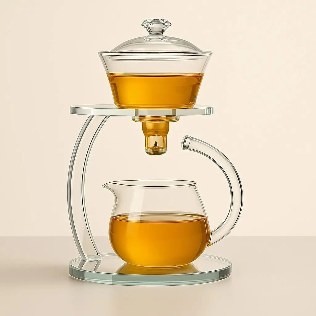 Kung fu glass tea brewing set with clear pitcher and glass container on a beige background