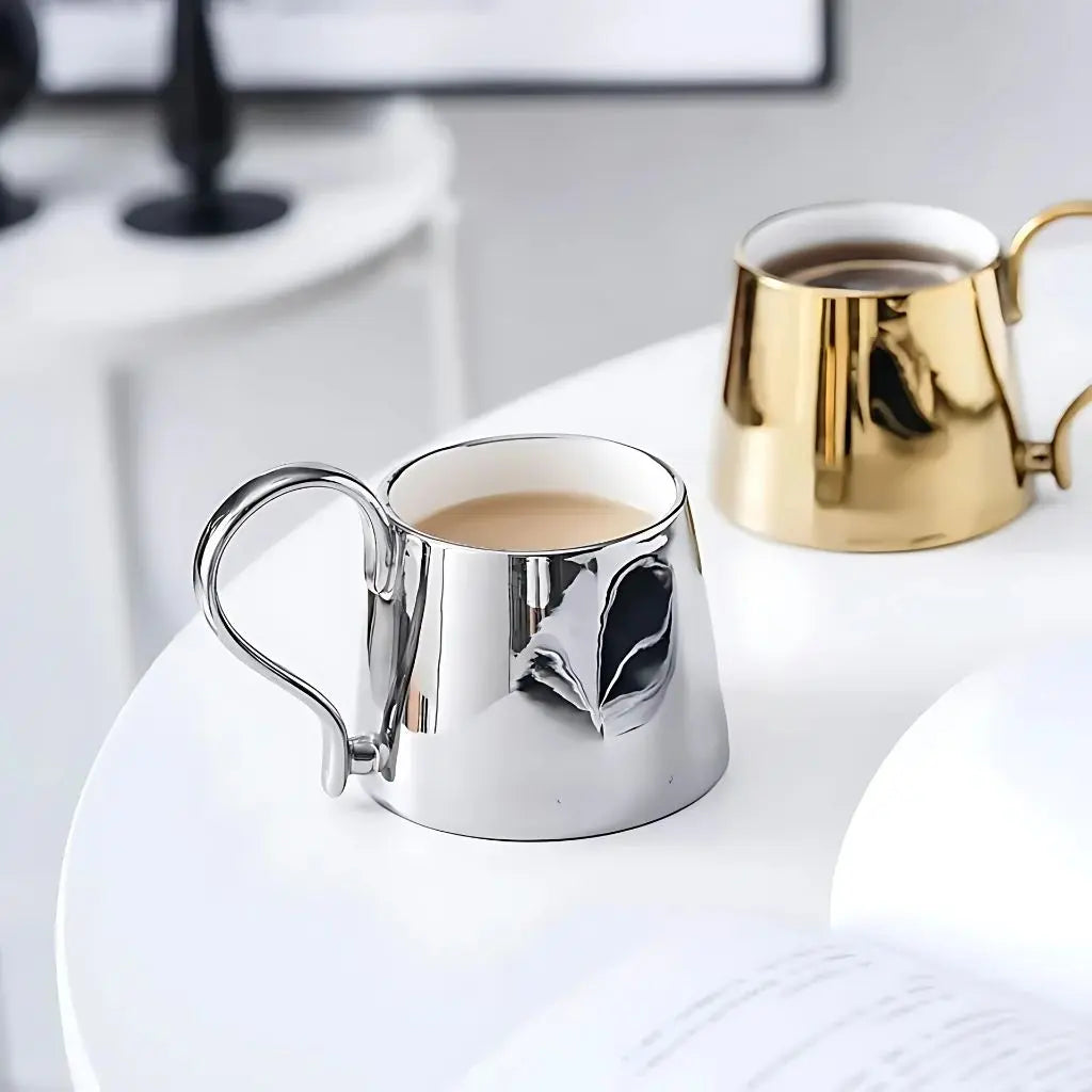 modern coffee cup, ergonomic handle, metallic finish drinkware, tea cup ceramic