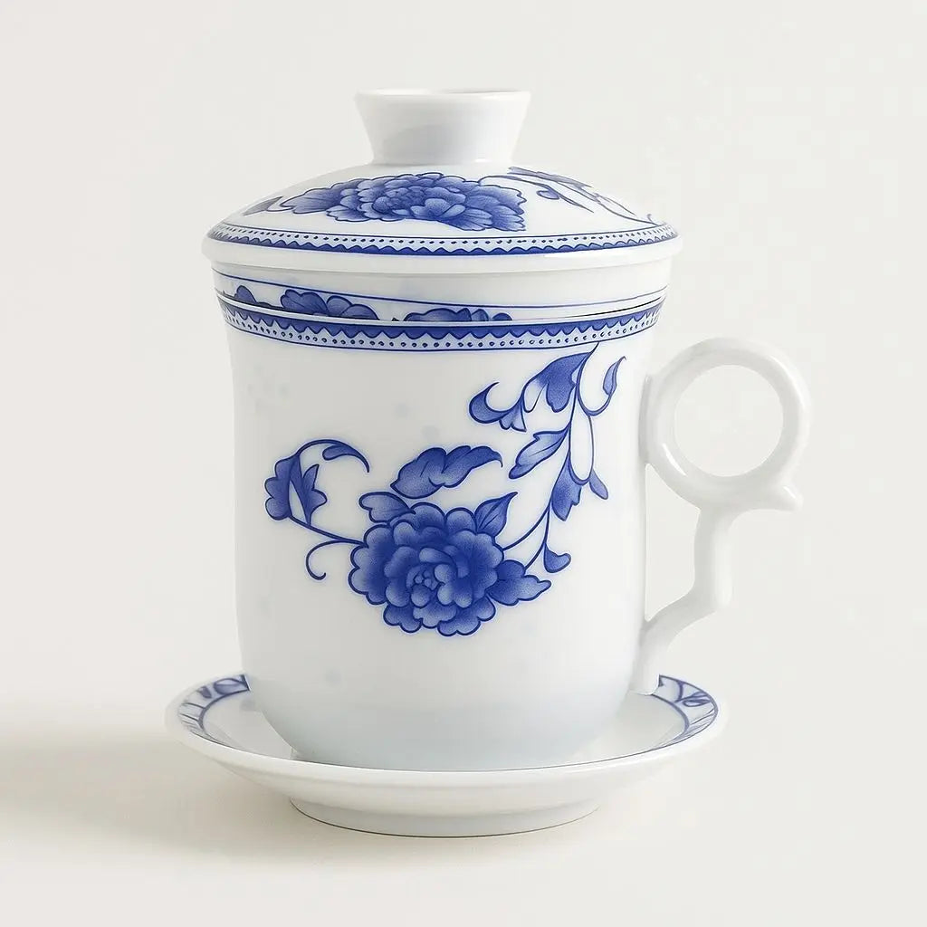 Handcrafted ceramic office mug with lid featuring traditional mountain motif, perfect for tea and coffee