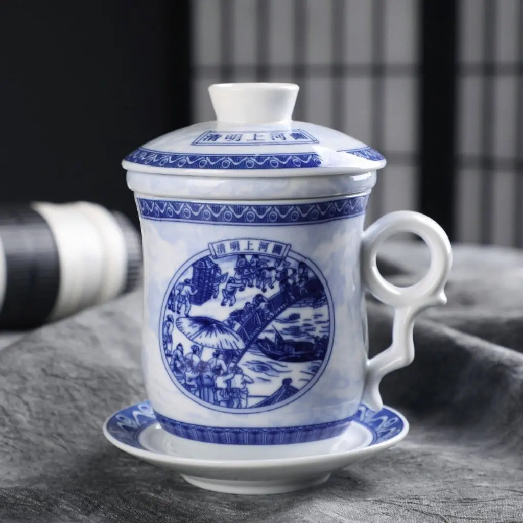 Ceramic tea mug with temperature retaining lid, microwave safe for convenient office and home use