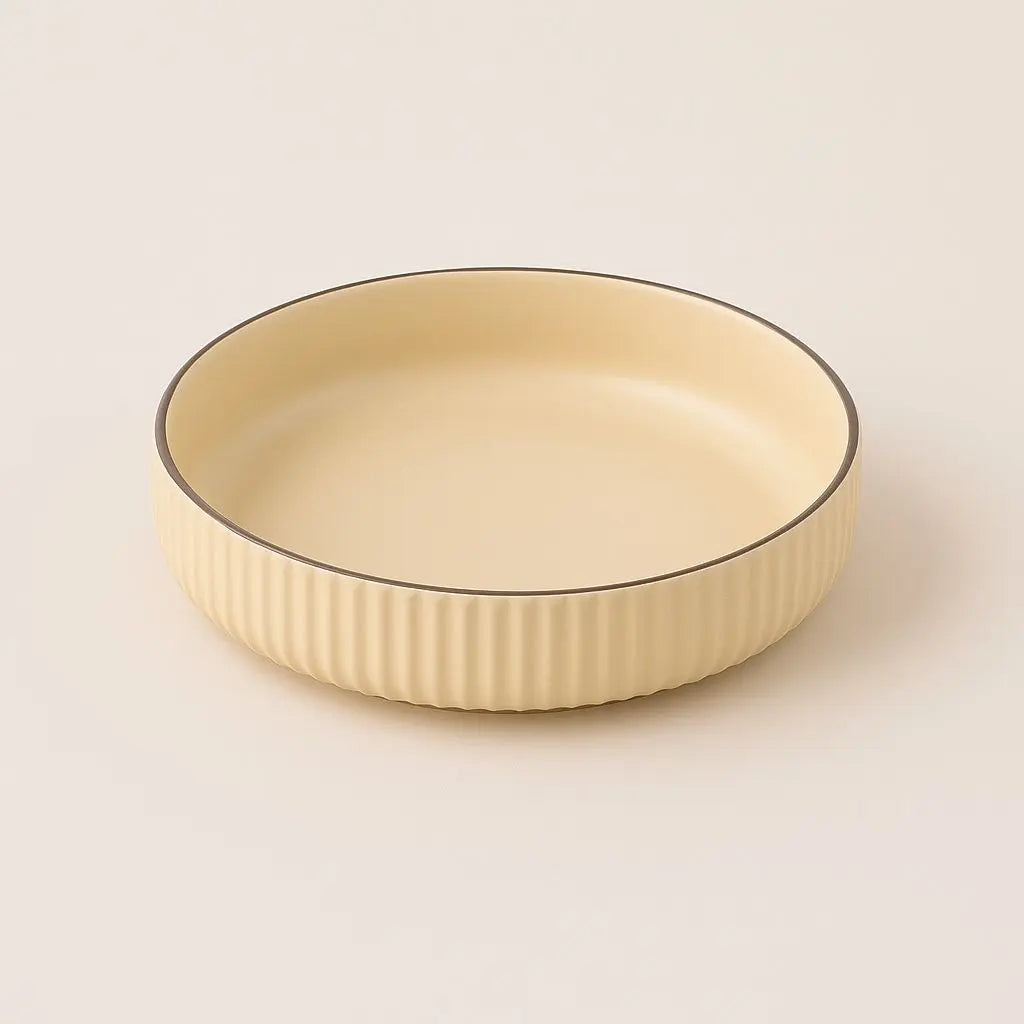 Deep round ceramic plate with glazed finish perfect for serving pasta salads and everyday meals