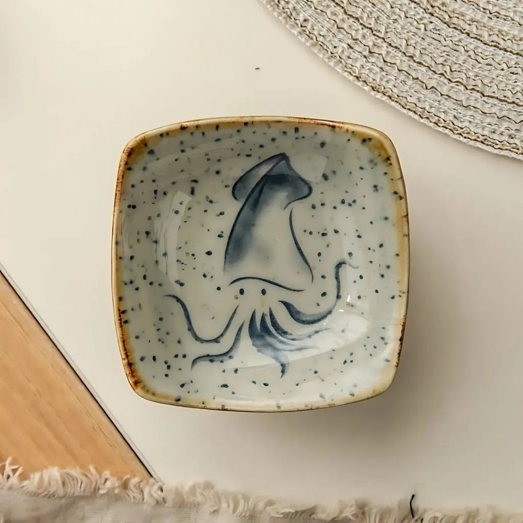 Coastal ceramic sauce plates collection showcasing various sea creature designs and speckled glazes