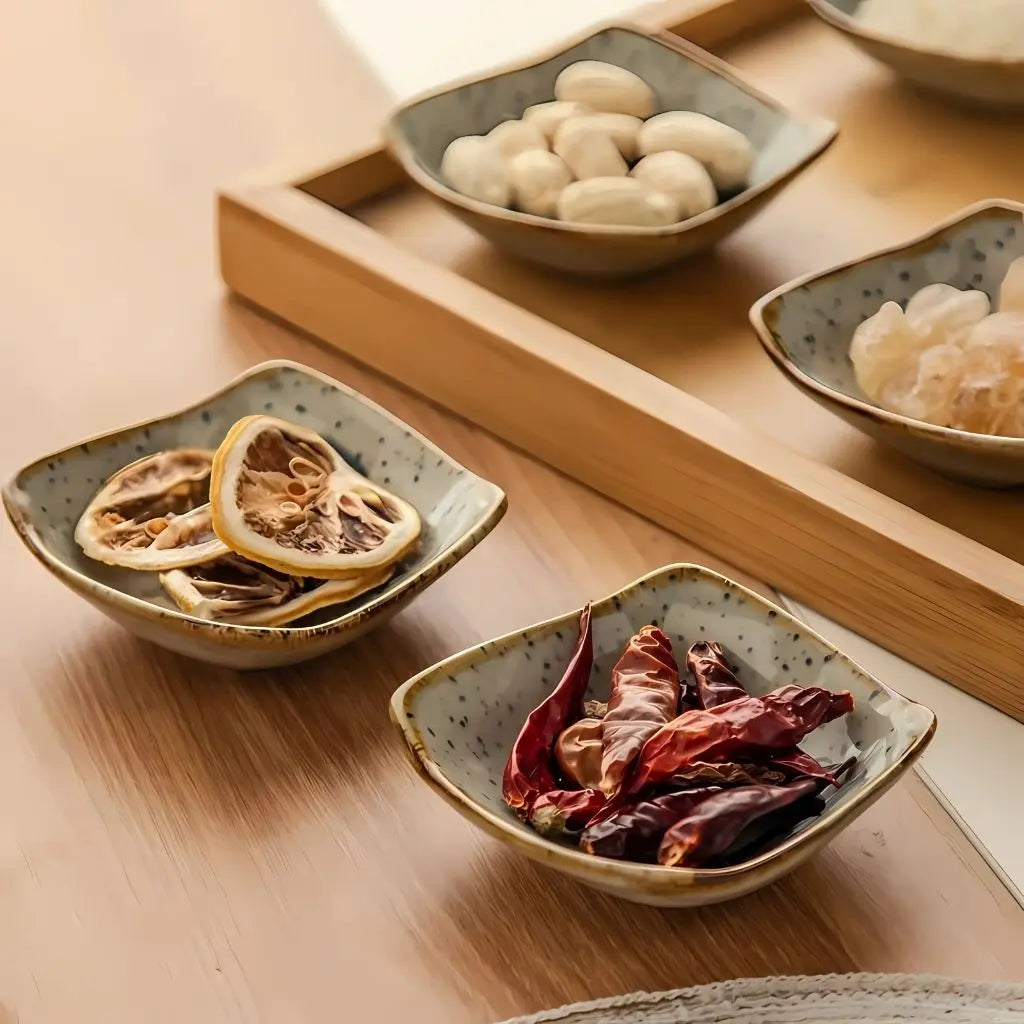 Coastal ceramic sauce plates collection showcasing various sea creature designs and speckled glazes