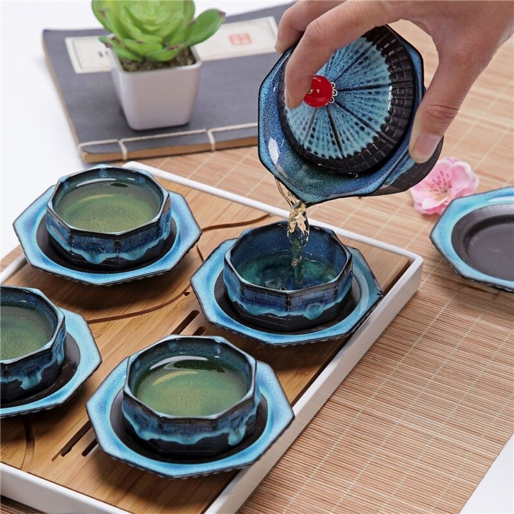 Portable gaiwan tea set ceramic with 6 cups and trays compact travel teaware for tea ceremony rituals
