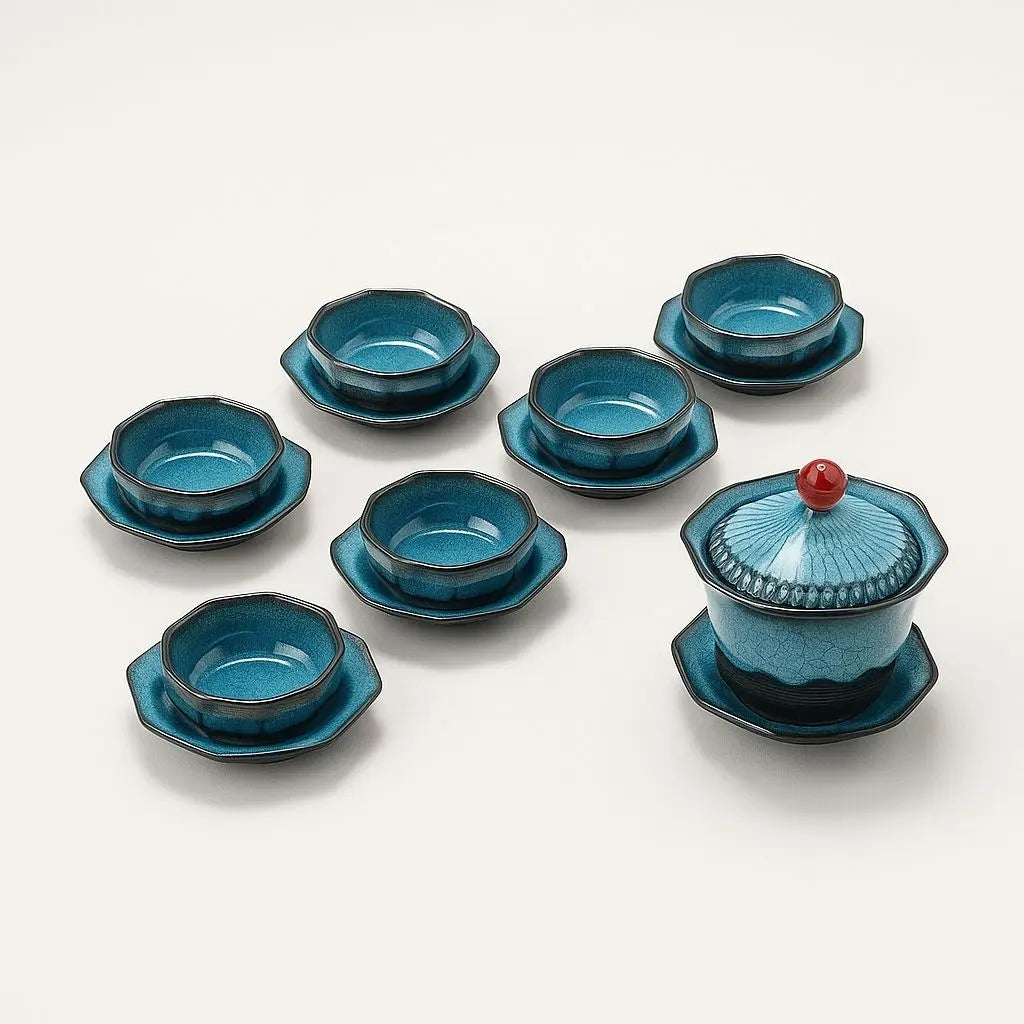 Travel ceramic tea set with gaiwan and 6 cups blue-black glaze portable teaware for traditional ceremony