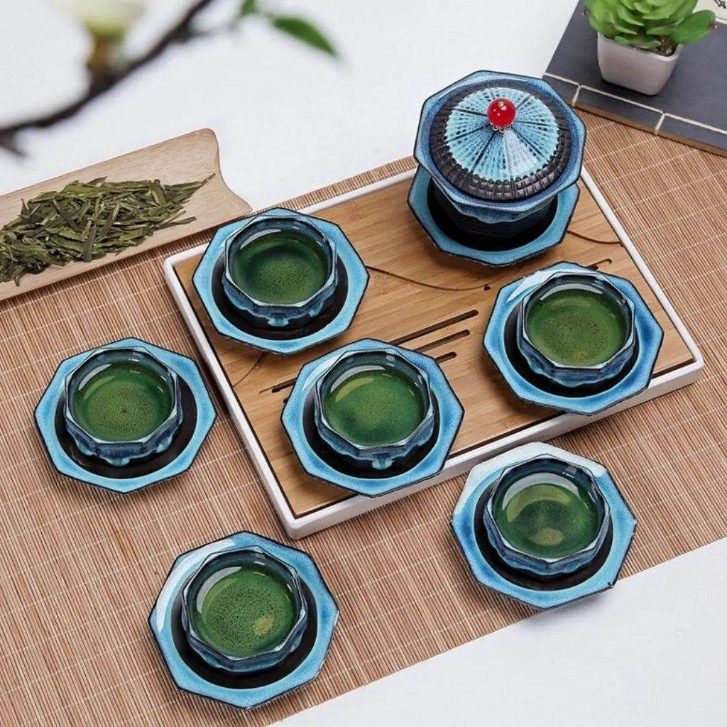 Traditional Chinese ceramic tea set with gaiwan blue-black glaze artisan crafted for authentic ceremony