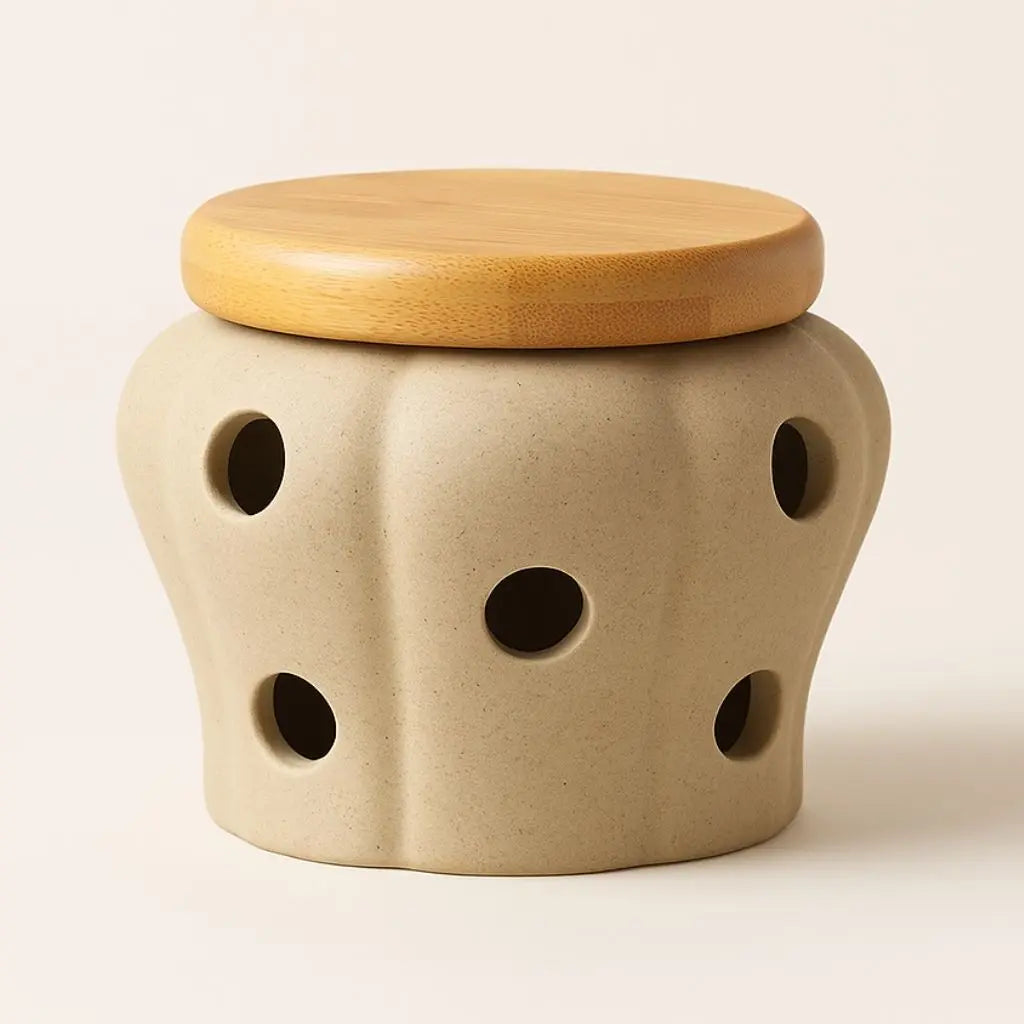Ventilated ceramic jars with bamboo lids specifically designed for garlic and herb preservation