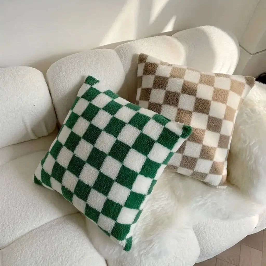 checkerboard pillow cover styled on couch for contemporary living room decor