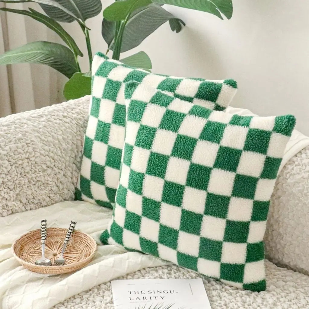 checkerboard pillow cover showing soft fabric detail and square geometric design