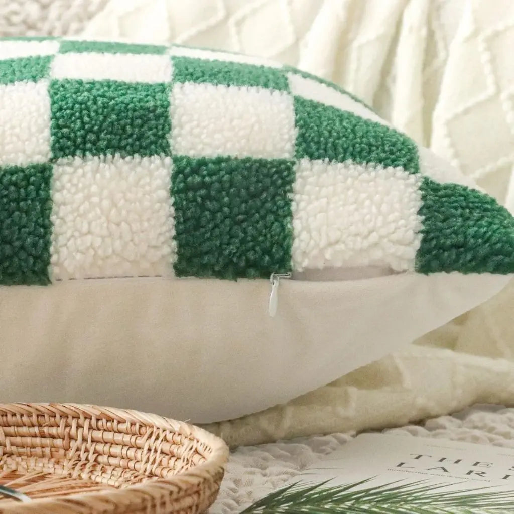 Checkerboard pillow case with hidden zipper closure for standard inserts