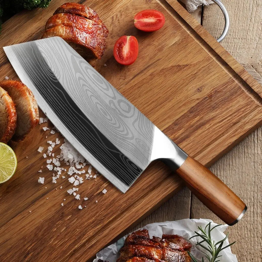 Stainless steel chef knife with wooden handle, wide blade design for professional kitchen use and cooking