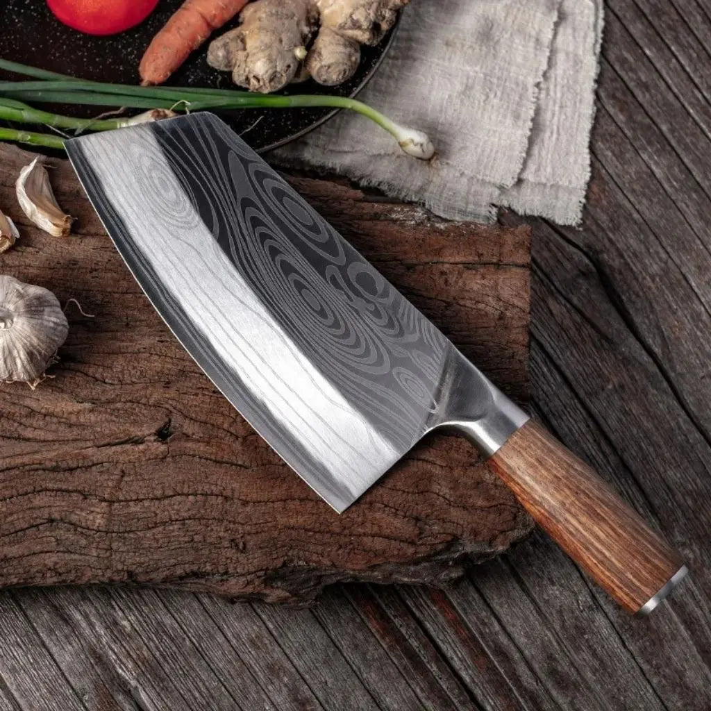 Ergonomic wooden handle chef knife showing natural wood grip design for comfortable kitchen cutting
